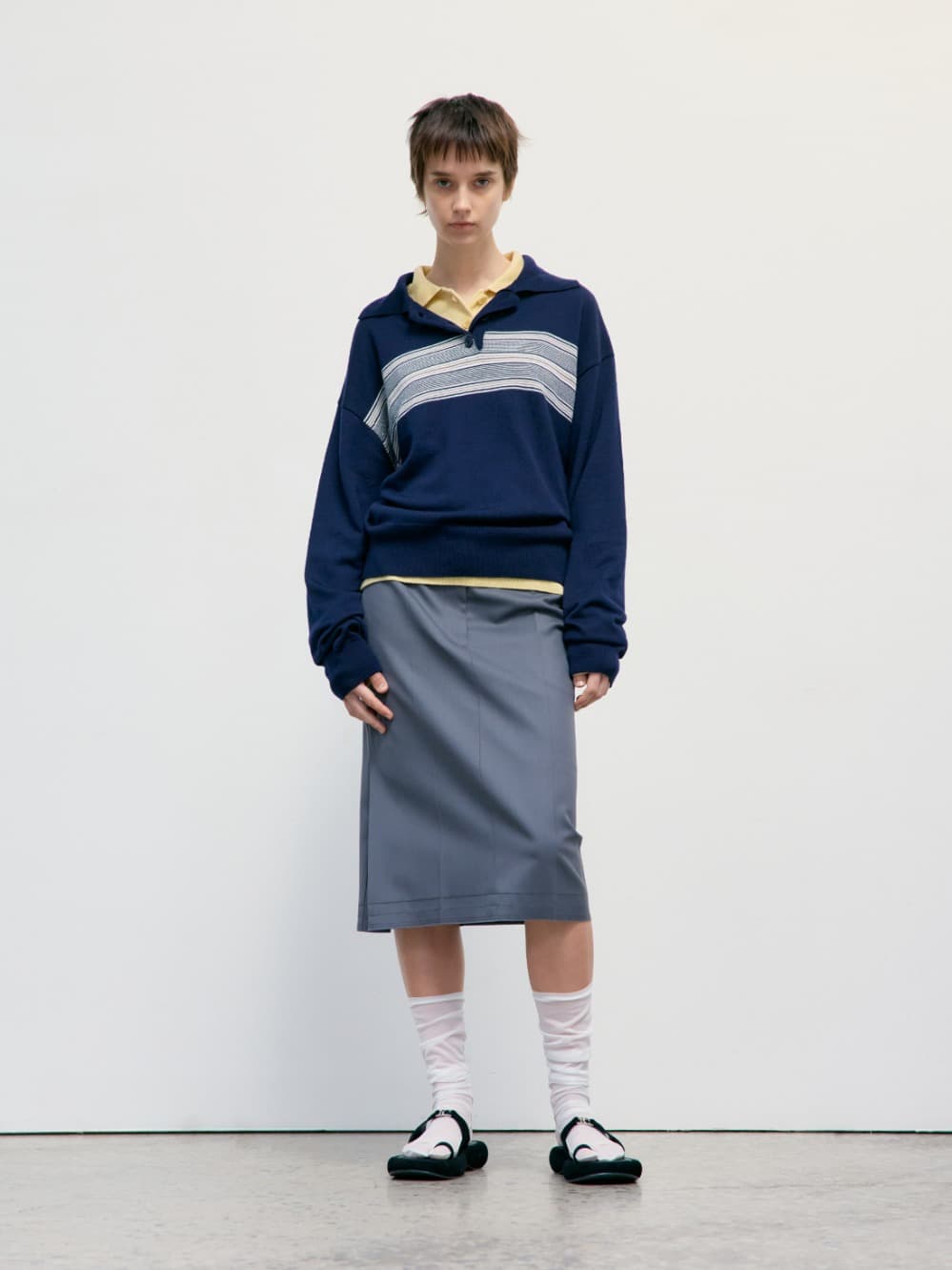 Multi Stripe Pique Knit Top_Navy