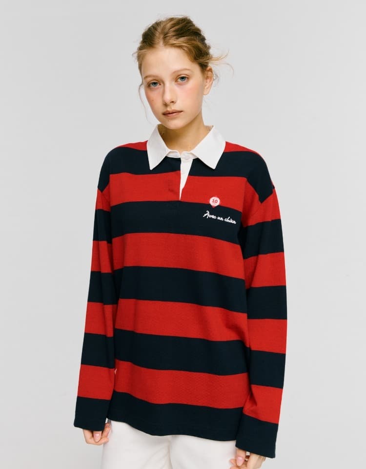 (10th) bold stripe rugby t-shirt - red+navy