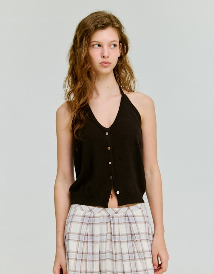 halter knit sleeveless top - dark brown