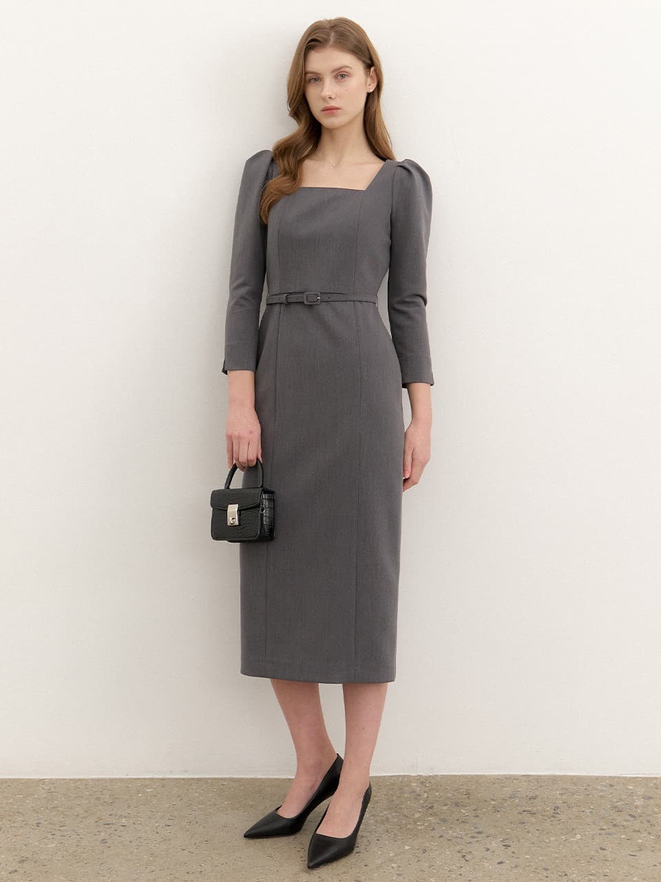 Square-neck Slim Dress(LL) / Gray(4color)