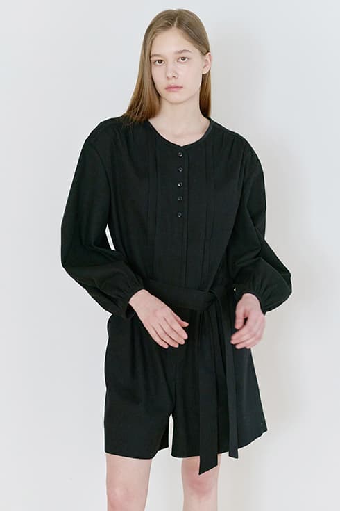 25N volume pin-tuck jumpsuit [BK/ST]