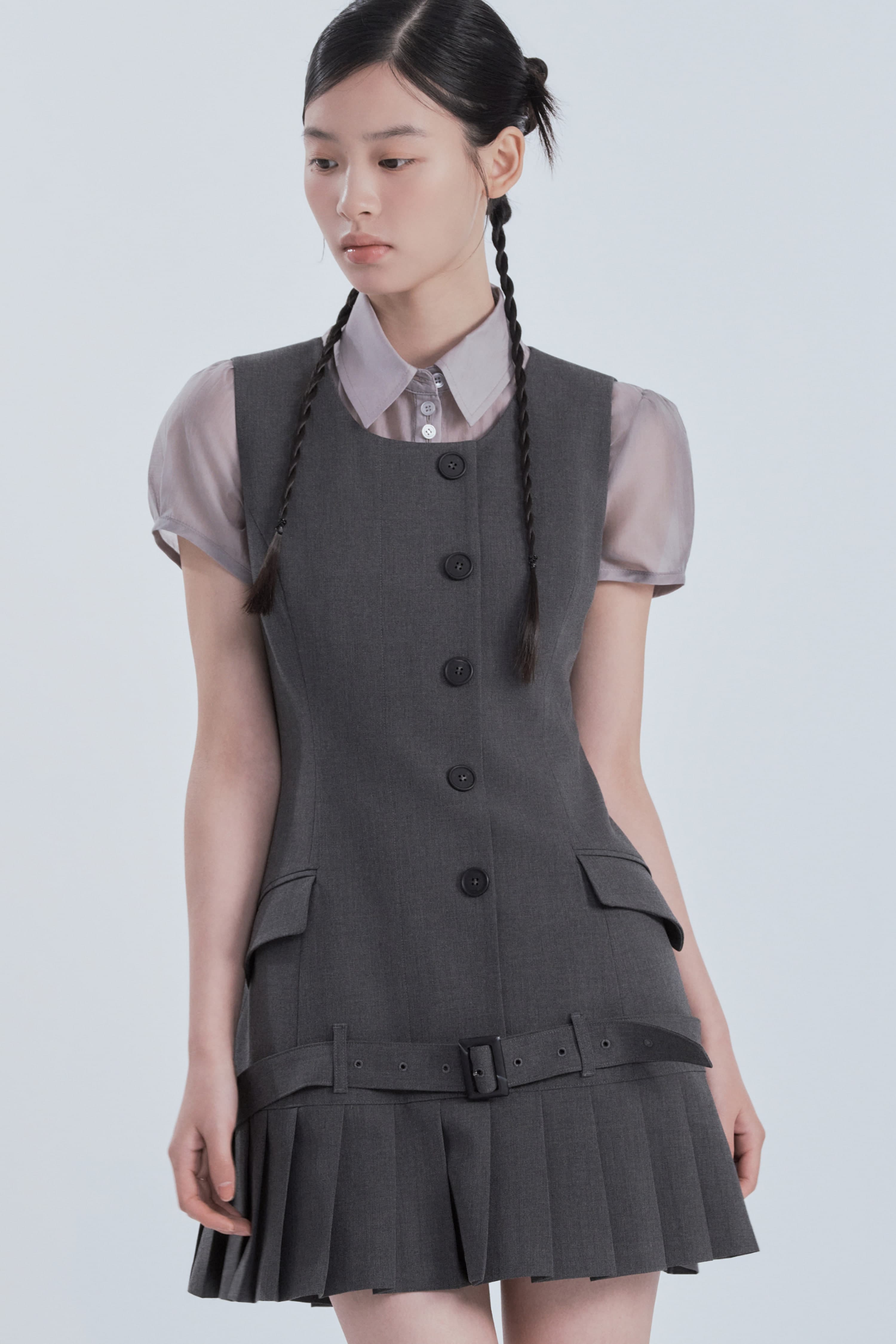 Sleeveless Pleated Suit Dress - Dark Grey