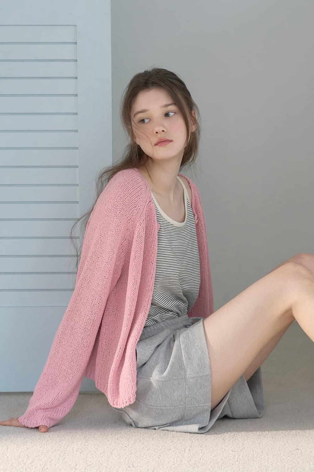 Linen-blend loose-fit knit cardigan Pink [N6PSKT01]