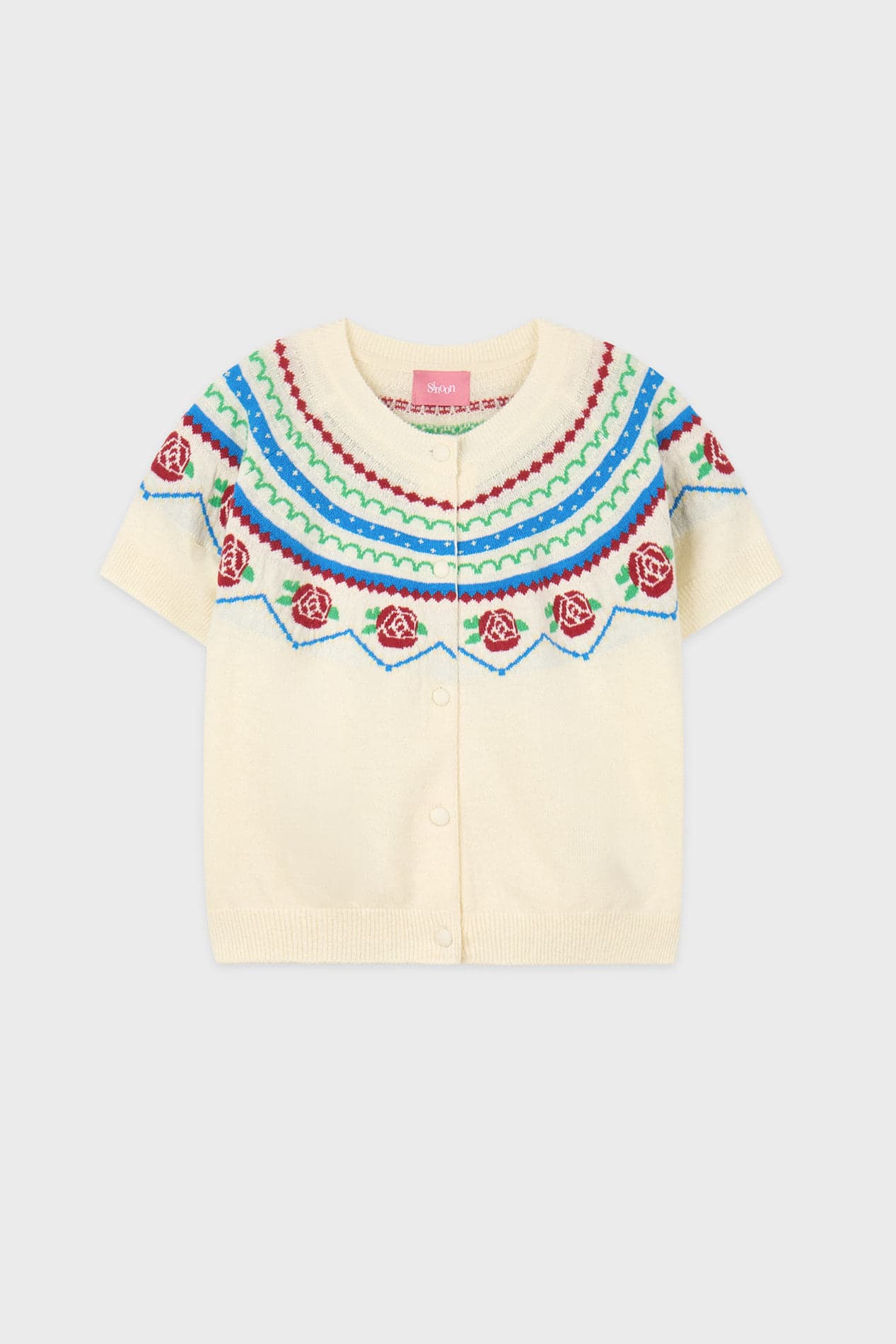 Rose Jacquard Short-Sleeve Cardigan (Ivory)