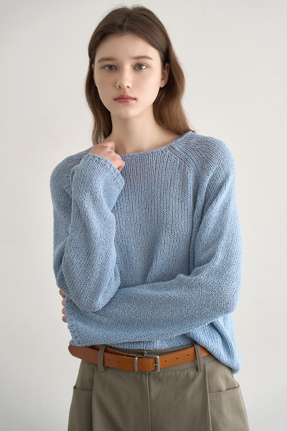 Linen-blend loose-fit knit cardigan Blue [N6PSKT01]