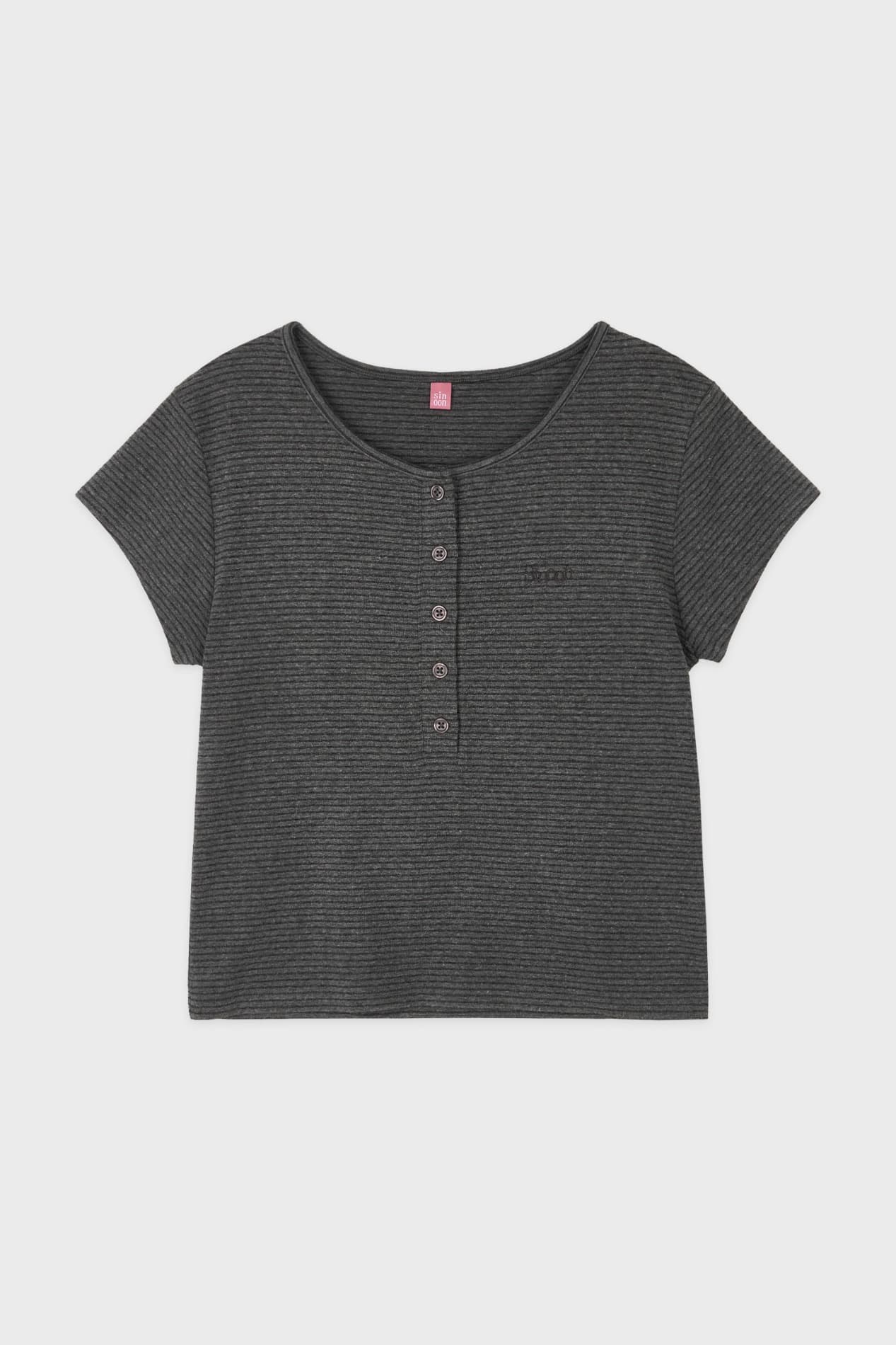 SN Henley Neck Stripe Cap Sleeved T-shirt (Dark Melange Grey)