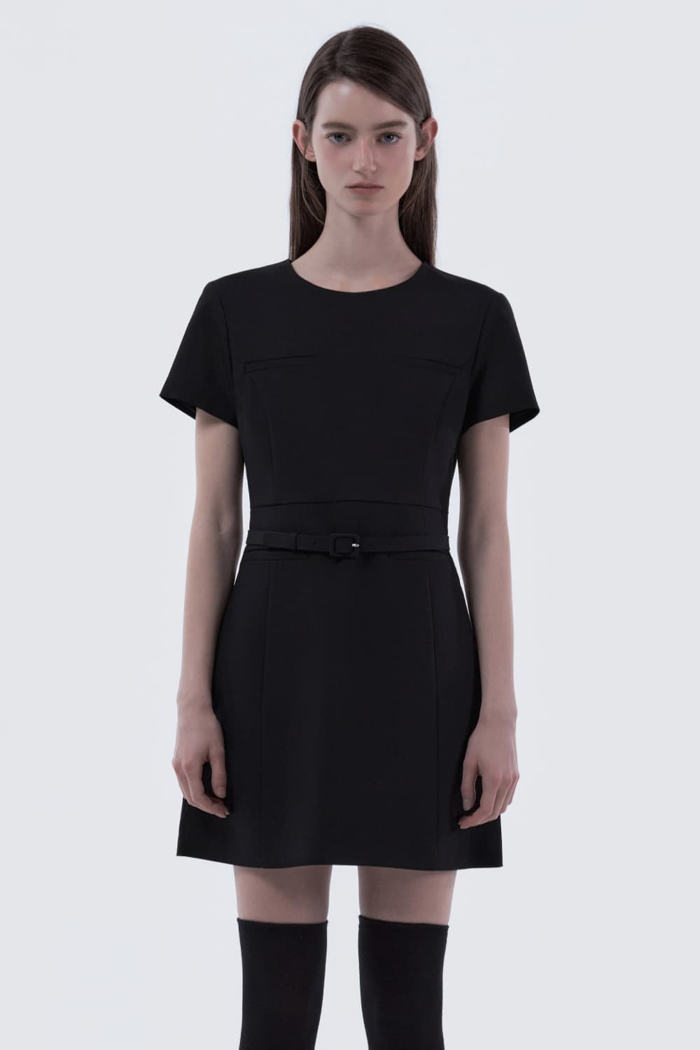 Belted Round Neck Suit Dress - Black