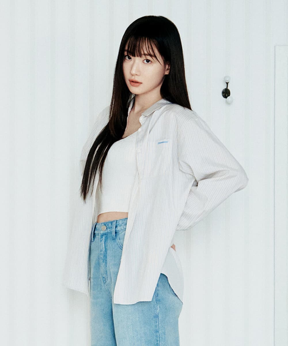 우먼 오버핏 스트라이프 셔츠 아이보리