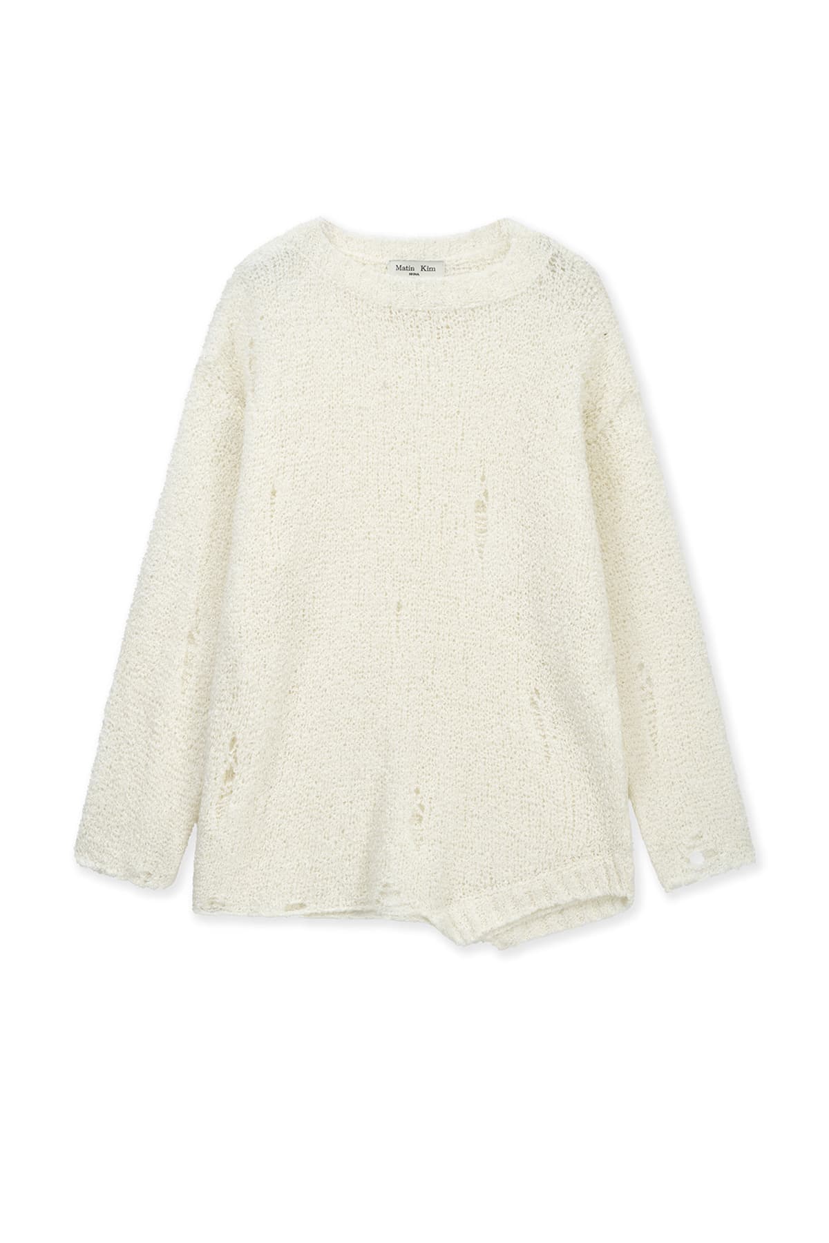 ASYMMETRIC DAMAGED KNIT PULLOVER IN IVORY