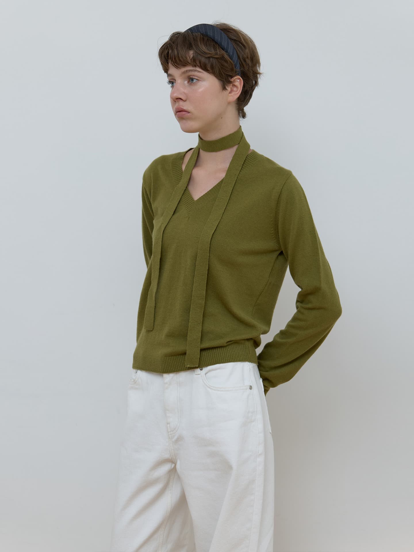 TIE SET V-NECK CASHMERE KNIT_OLIVE