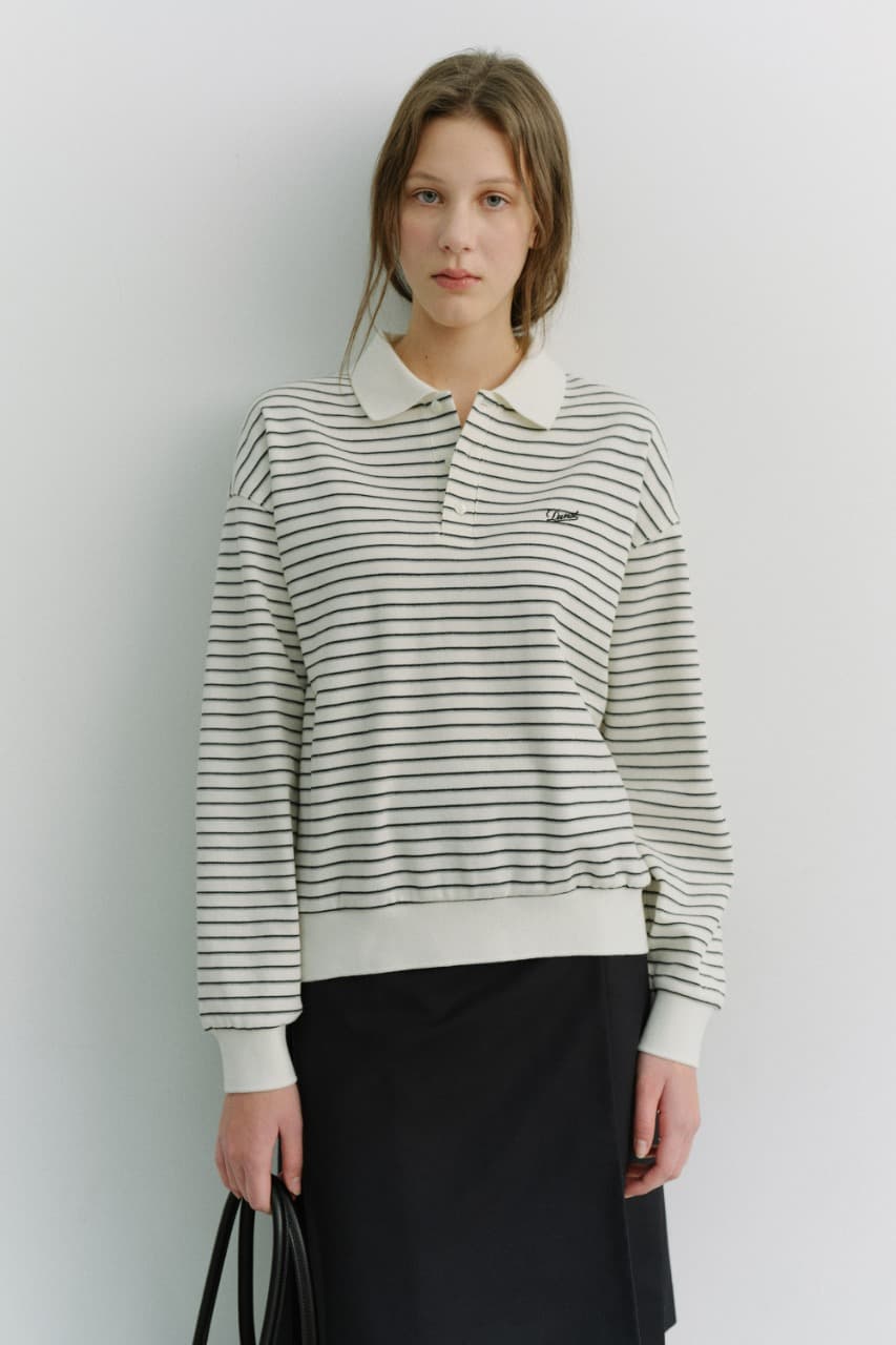 UNISEX STRIPED LOGO COLLARED T-SHIRT IVORY STRIPE_UDTS6A120IV