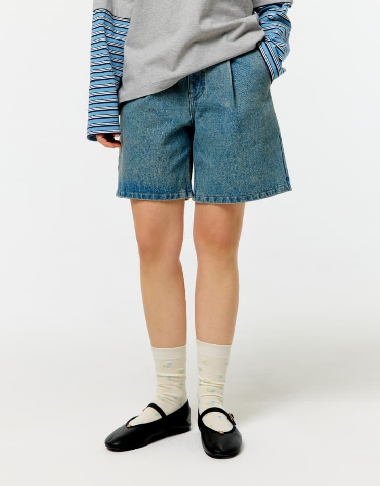 color half denim pants - light blue