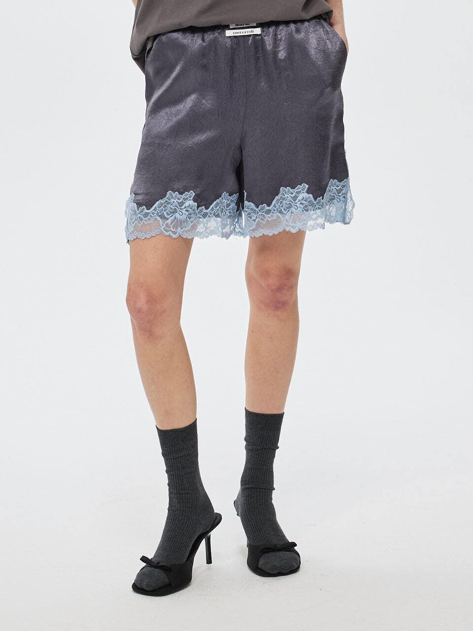 SATIN SHORTS DOUBLE LABEL LACE_CHARCOAL