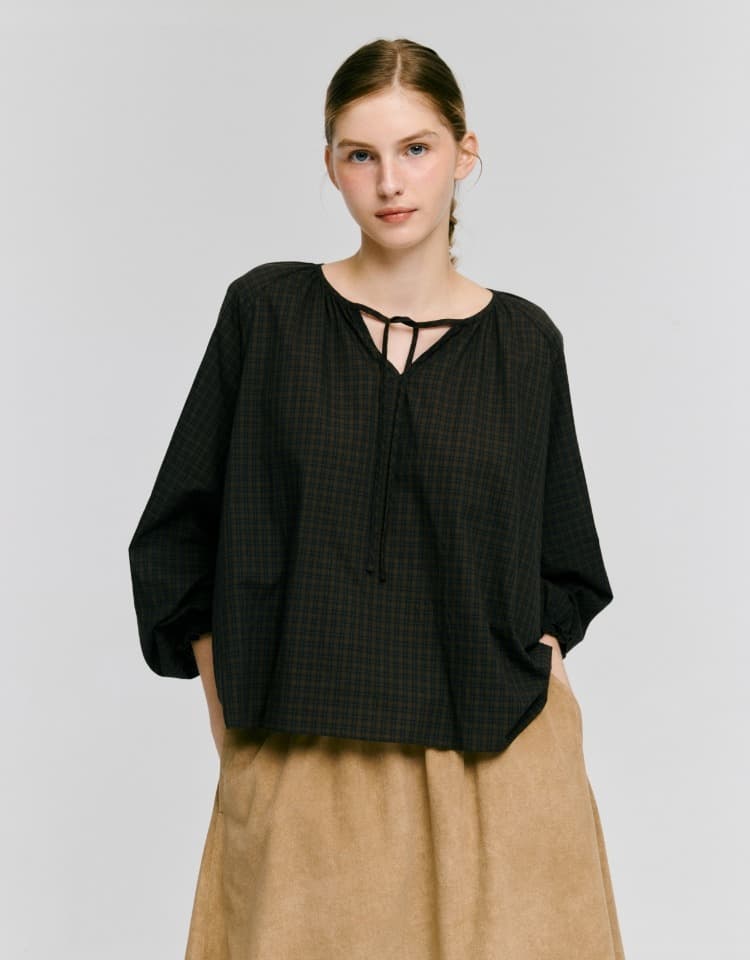 neck string ribbon check blouse - brown check