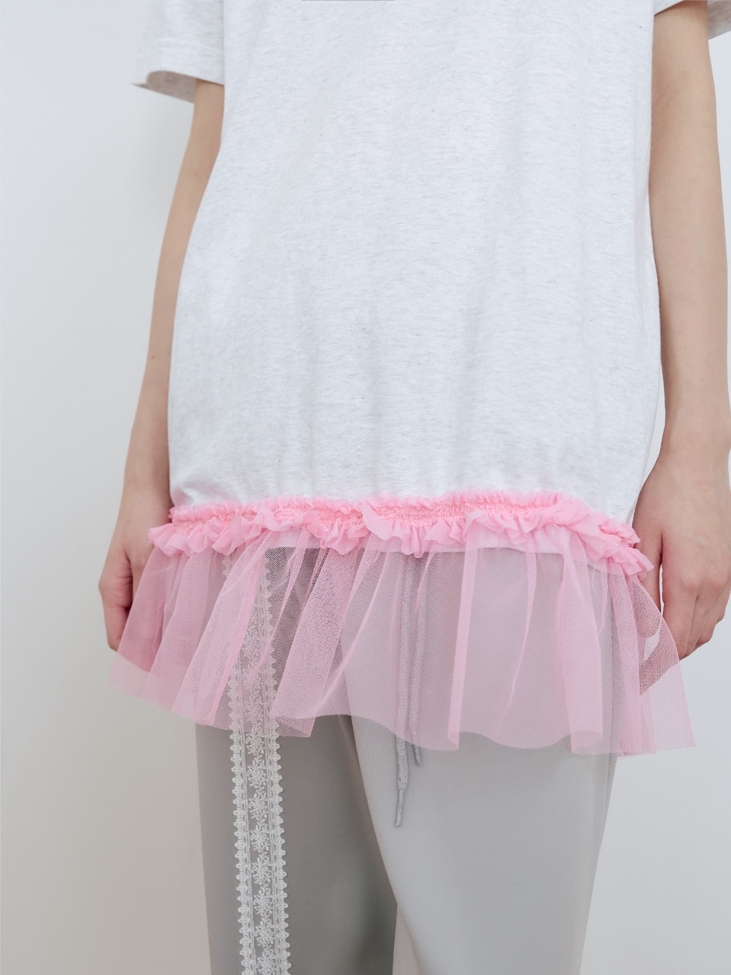 SHIRRING DETAIL T-SHIRT_MELANGE/PINK