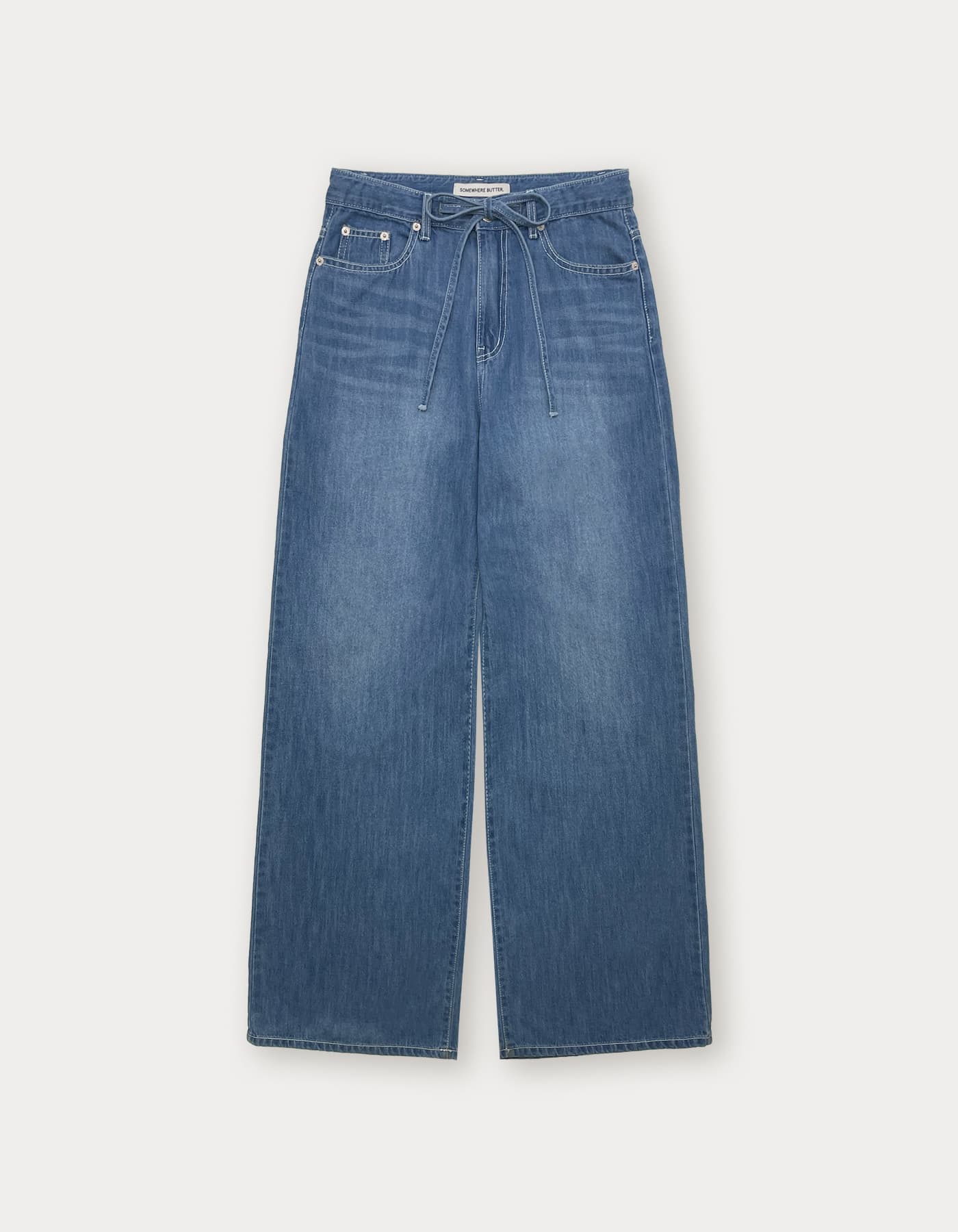 Ribbon Wide Denim Pants - Middle Blue