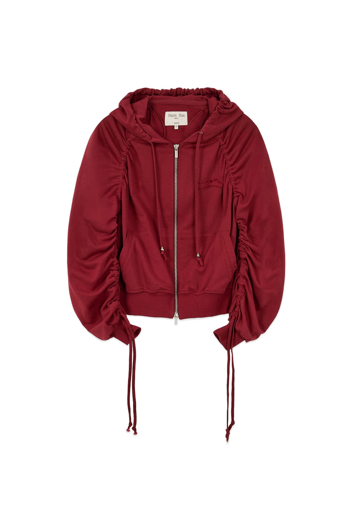 SLEEVE STRING DETAIL HOODY ZIP UP IN RED