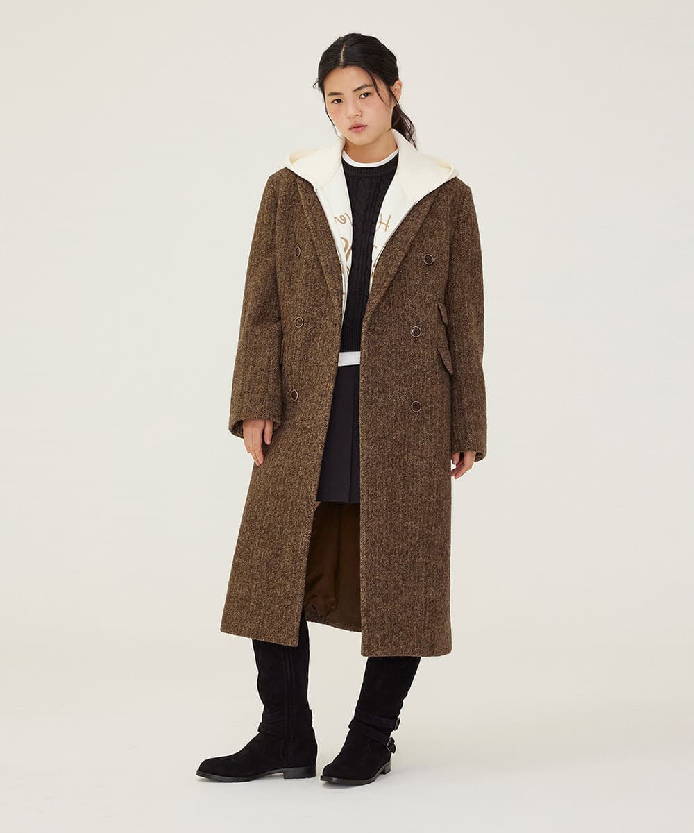 우먼 더블 롱 코트 Brown