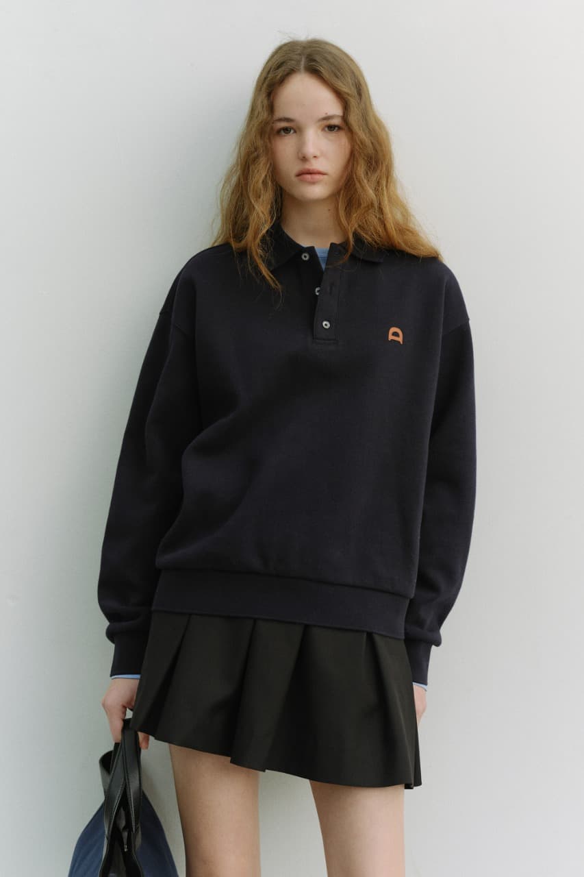 UNISEX LEATHER LOGO COLLARED T-SHIRT FRENCH NAVY_UDTS6A110N2