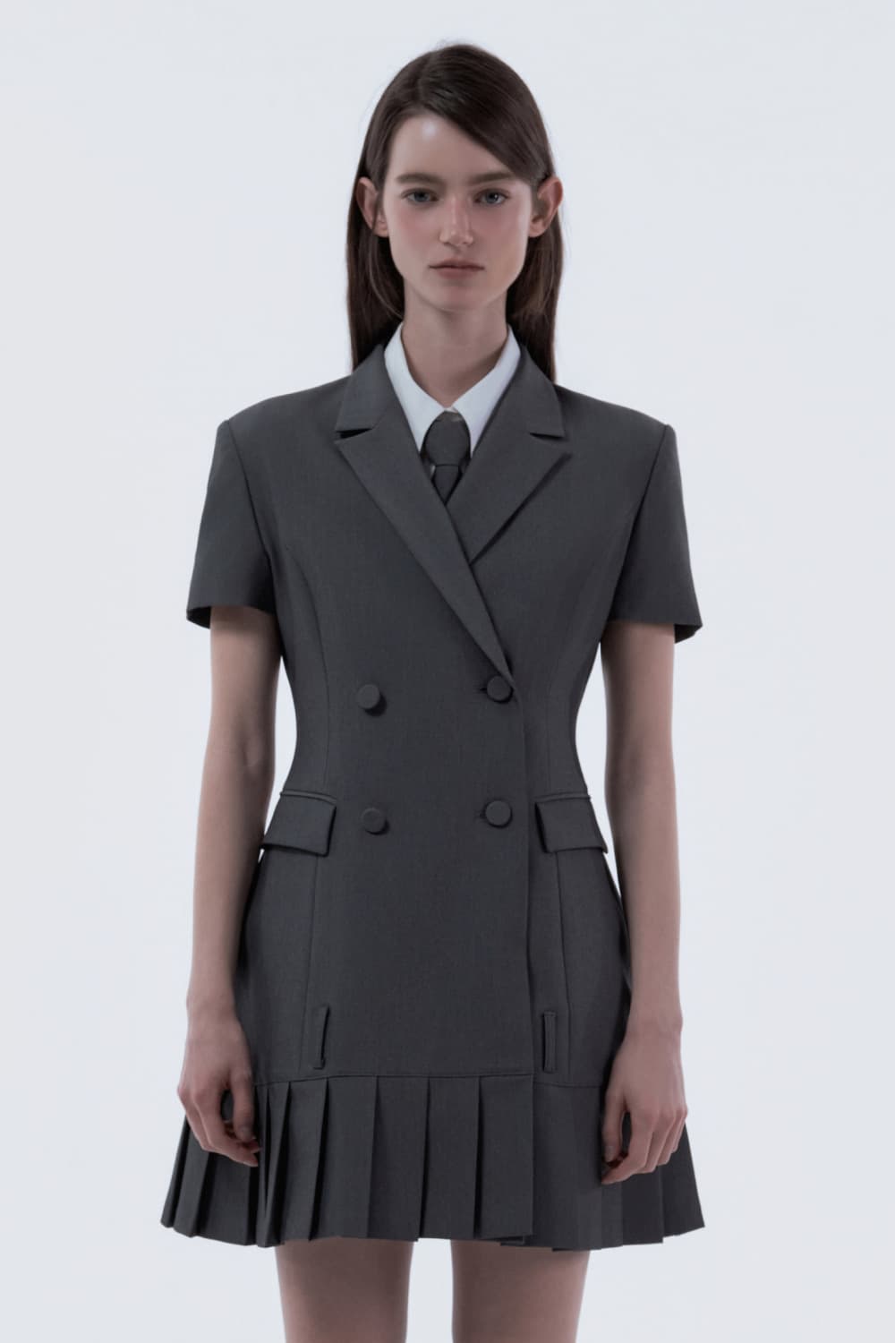 Jenn Pleated Half-Sleeve Suit Jacket Dress - Grey