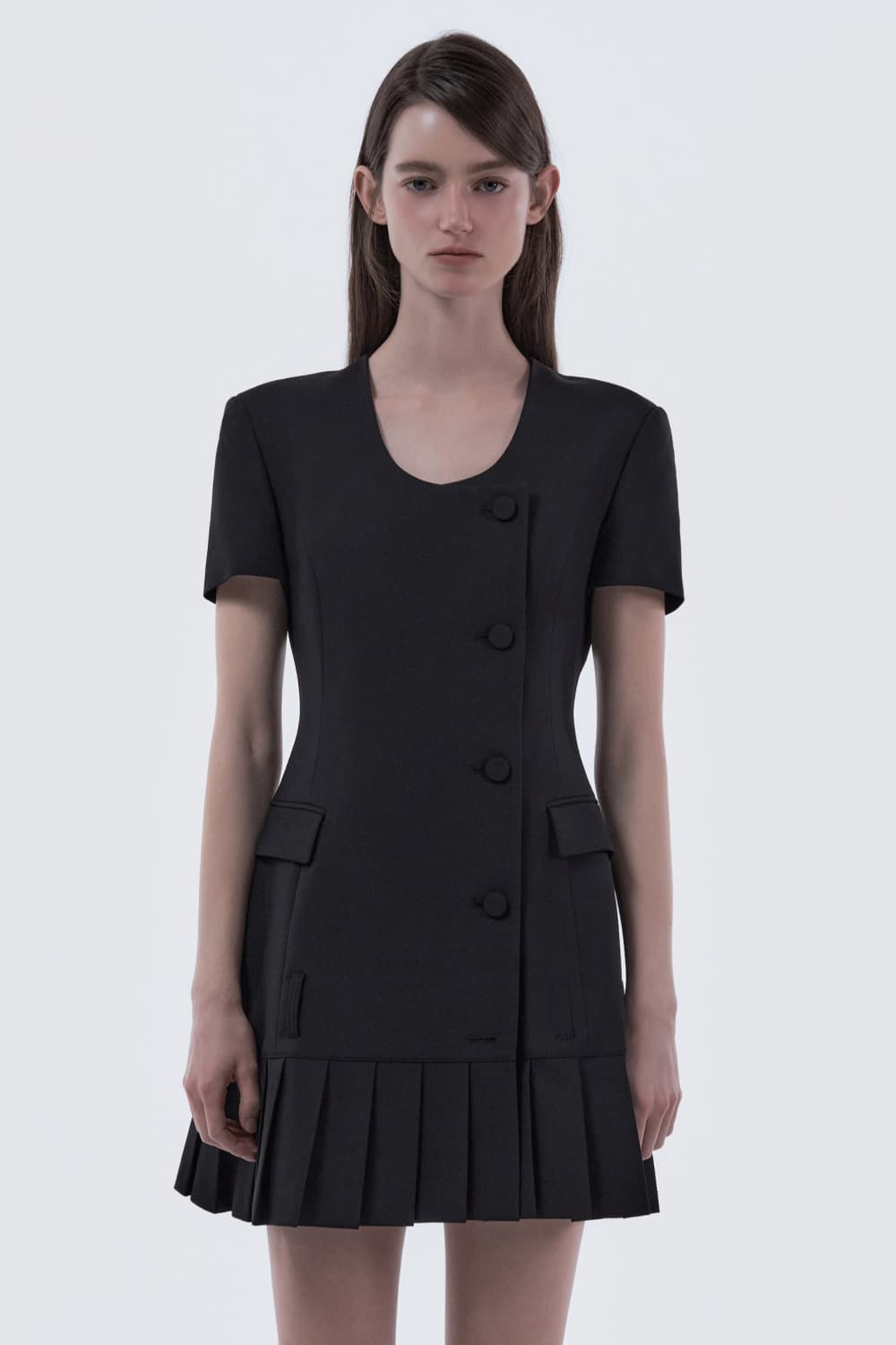 Jenn Round Neck Pleated Half-Sleeve Suit Jacket Dress - Black