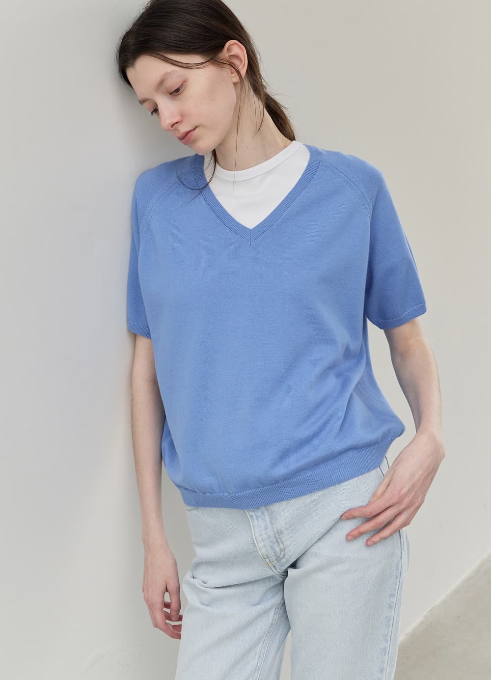 Fresh Cotton V-Neck Knit - Harbor Blue