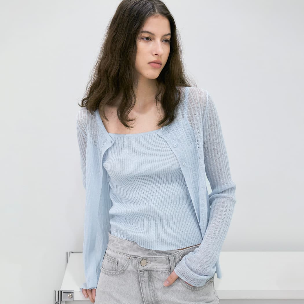 (CD-2262)COOL TOUCH SLIM RIBBED TOP&CARDIGAN SET