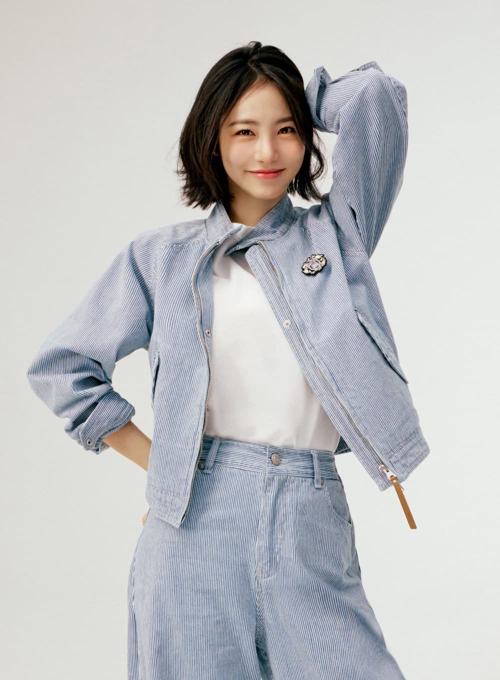 (W) Stripe Denim Harrington Jacket - Light Blue