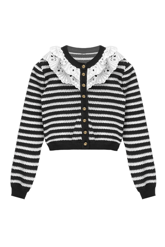 Ruffle Collar Stripe Cardigan (Black)