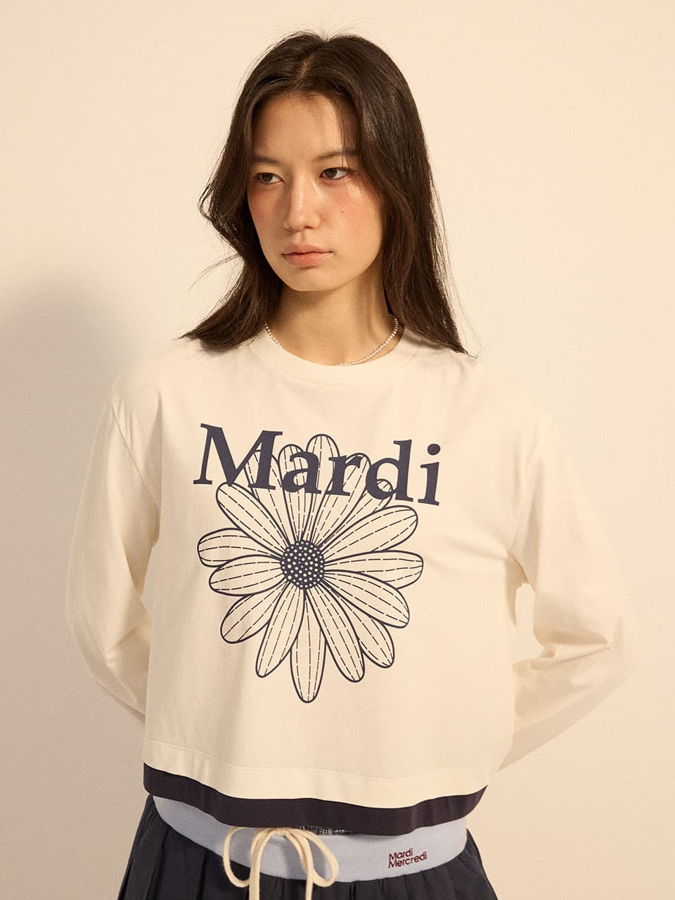 TSHIRT LONG SLEEVE FLOWERMARDI LAYERED DETAIL_CREAM NAVY