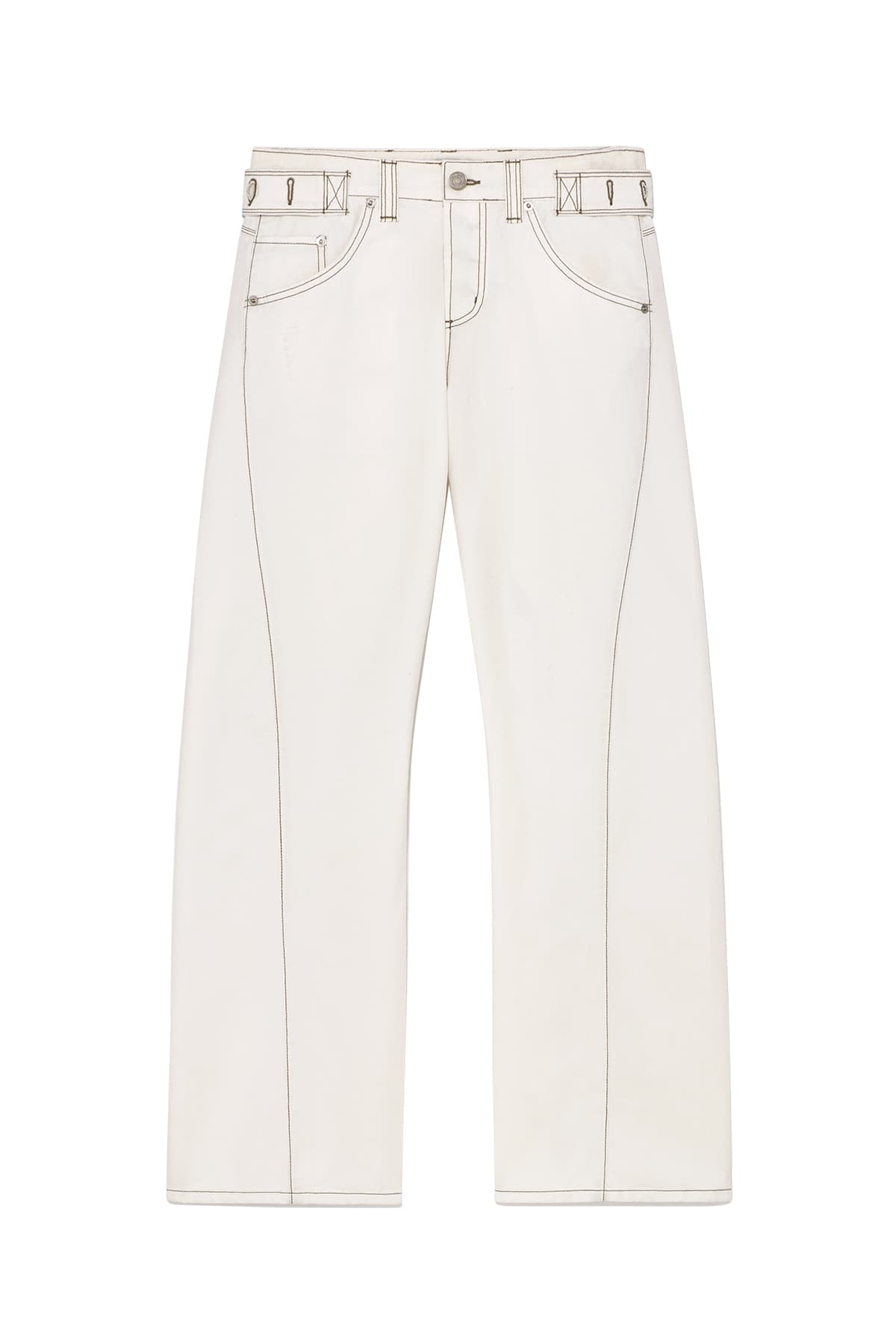 WAIST BUCKLE CURVED TWILL DENIM PANTS IN WHITE