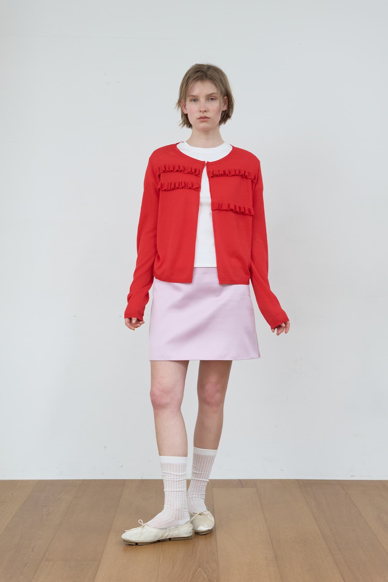 SHEER FRILL CARDIGAN_RED