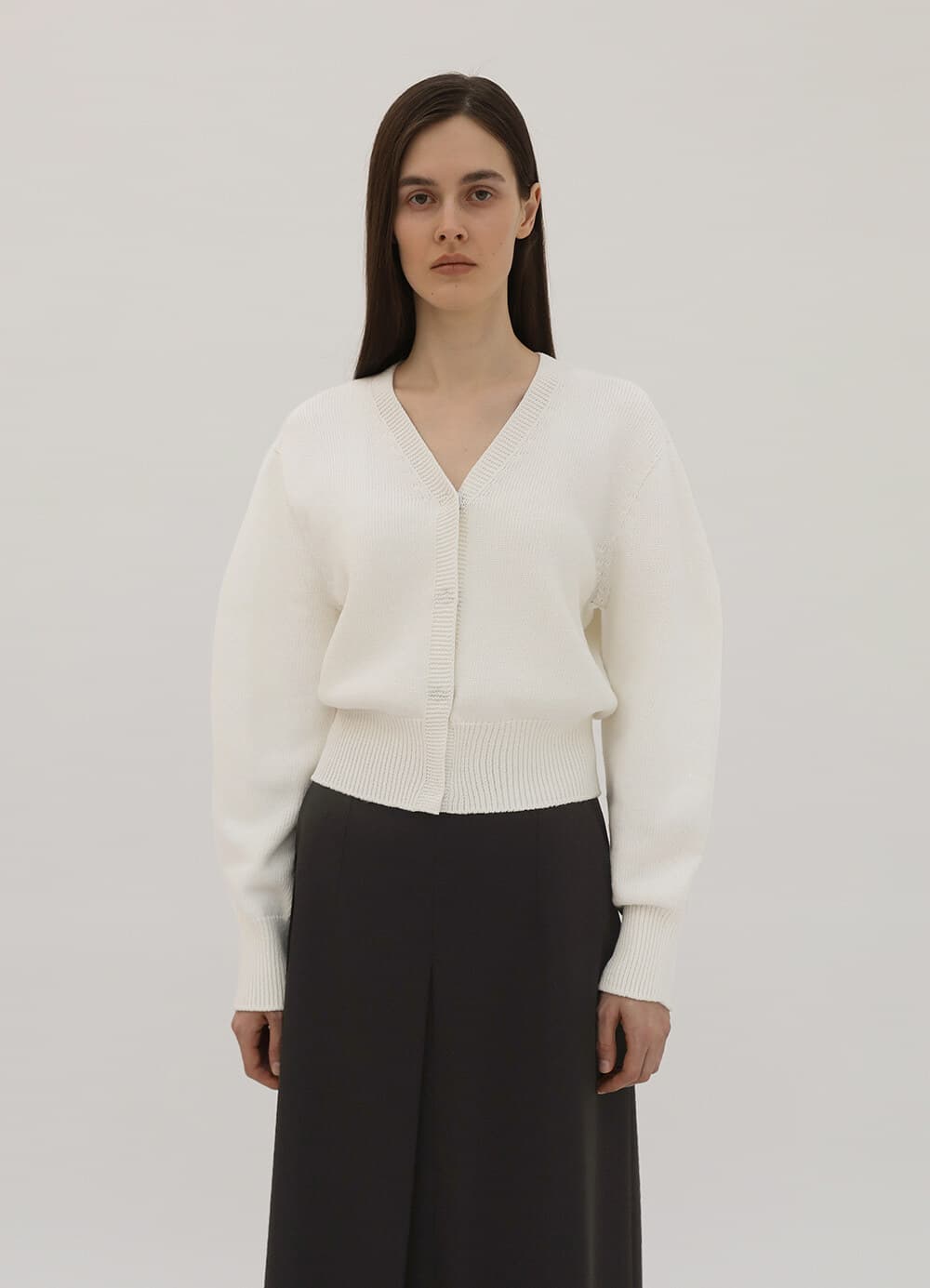 Wholegarment Hidden Button Knit Cardigan - Off White