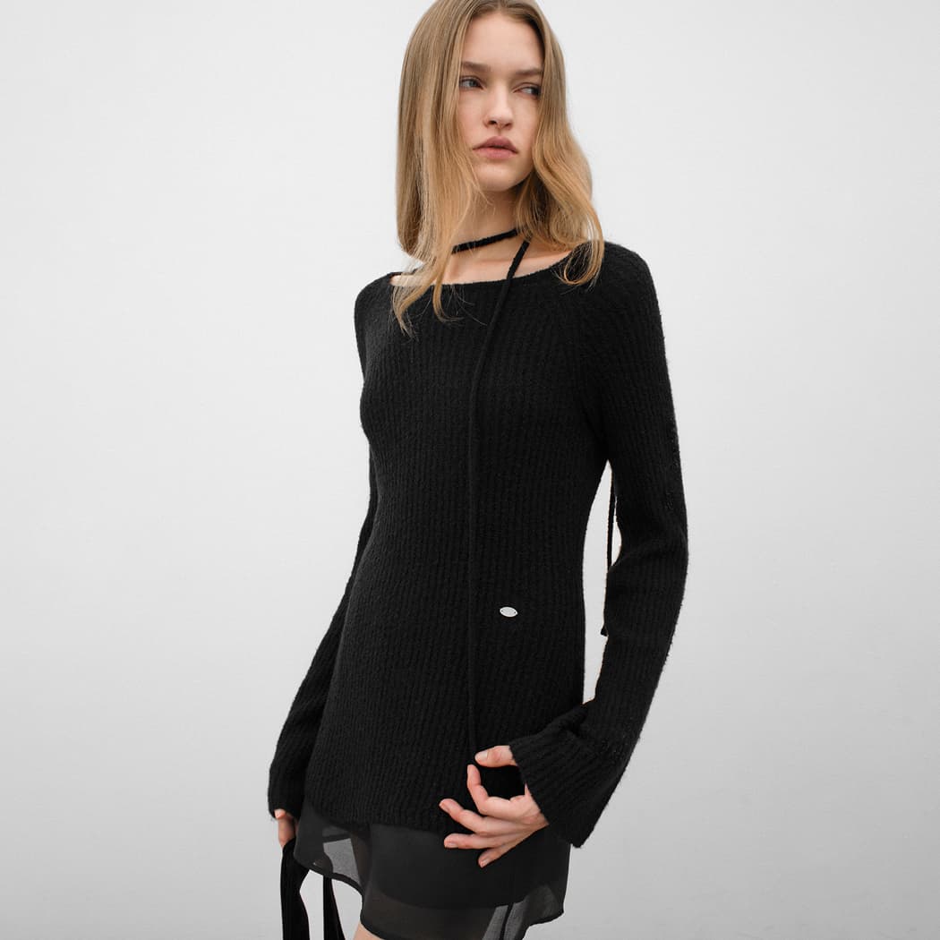 (T-7123)UNBALANCED NECK STRING WOOL KNIT