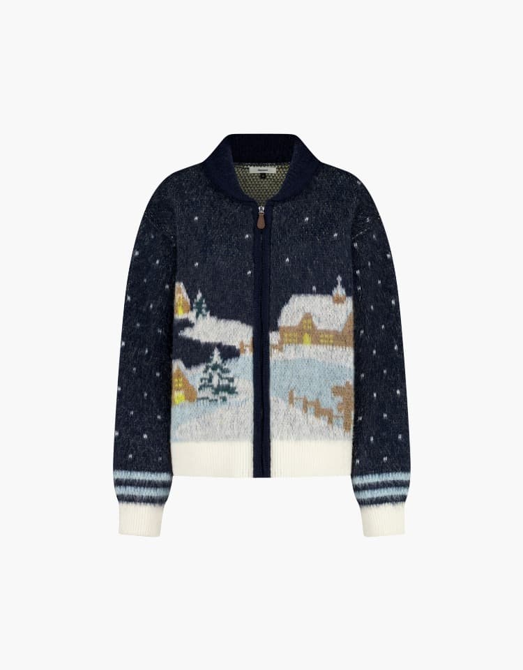 village graphic knit zip up - navy