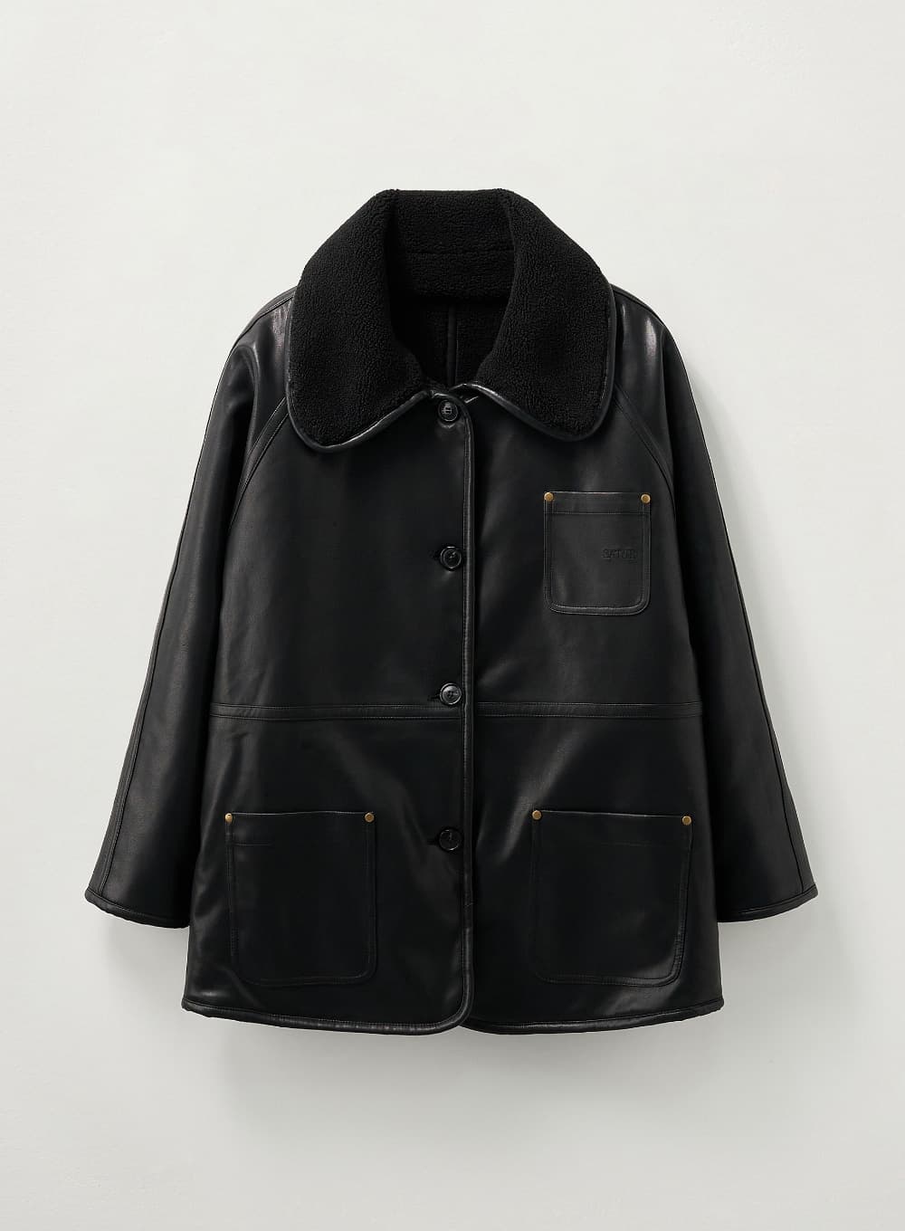 (W) Reversible Synthetic Shearling Loose Fit Jacket - Black