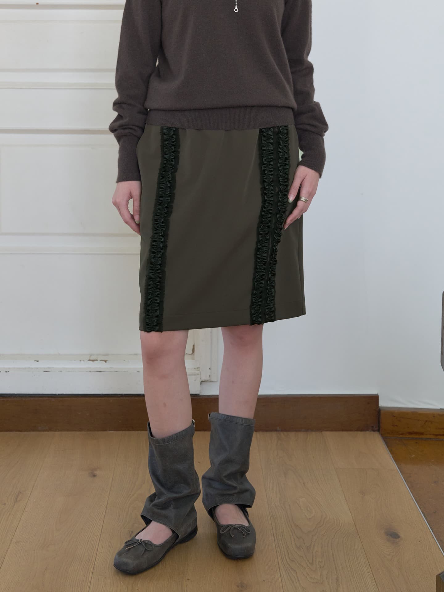FRILL JERSEY SKIRT_KHAKI
