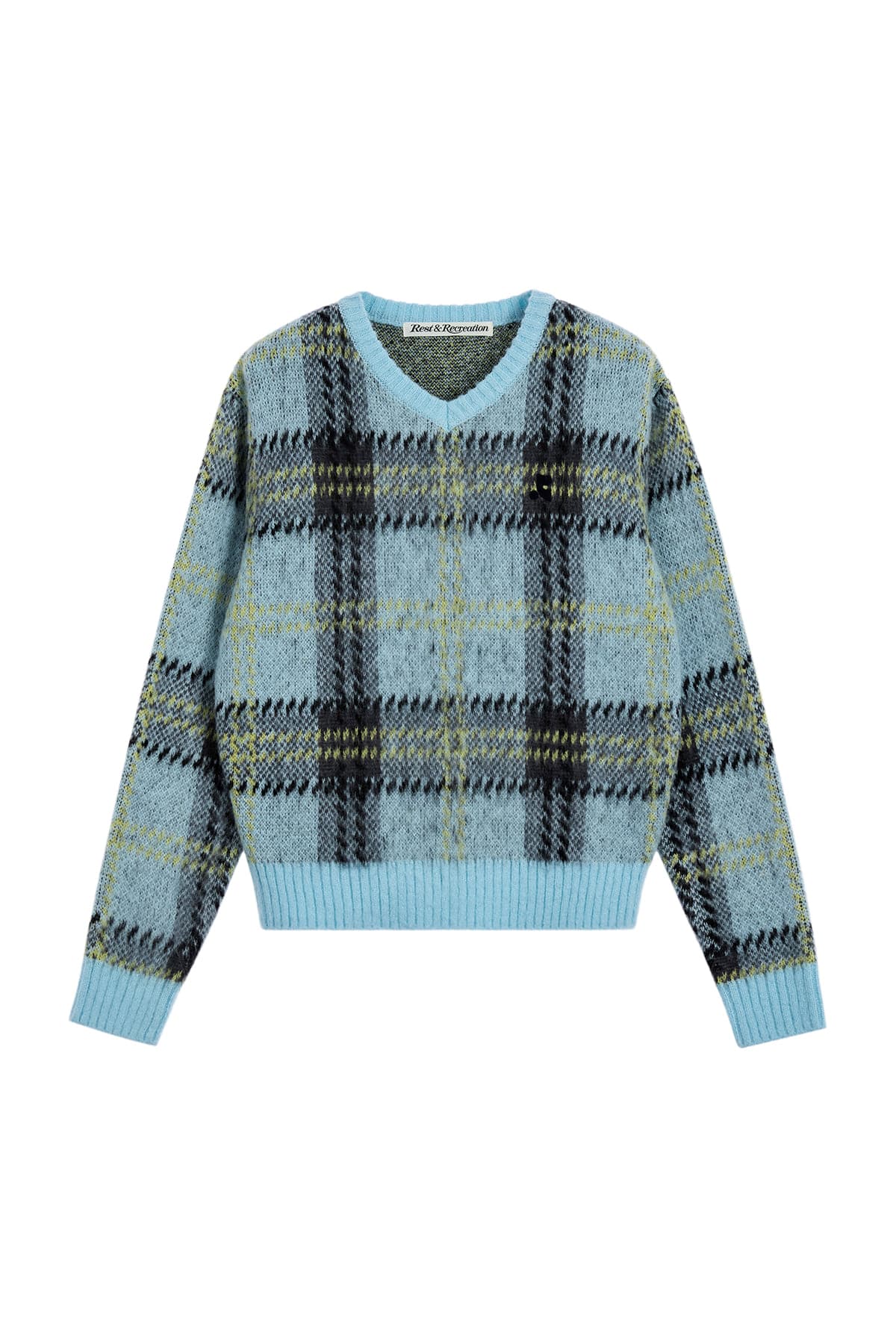 CHECK PATTERN HAIRY SWEATER - SKY BLUE