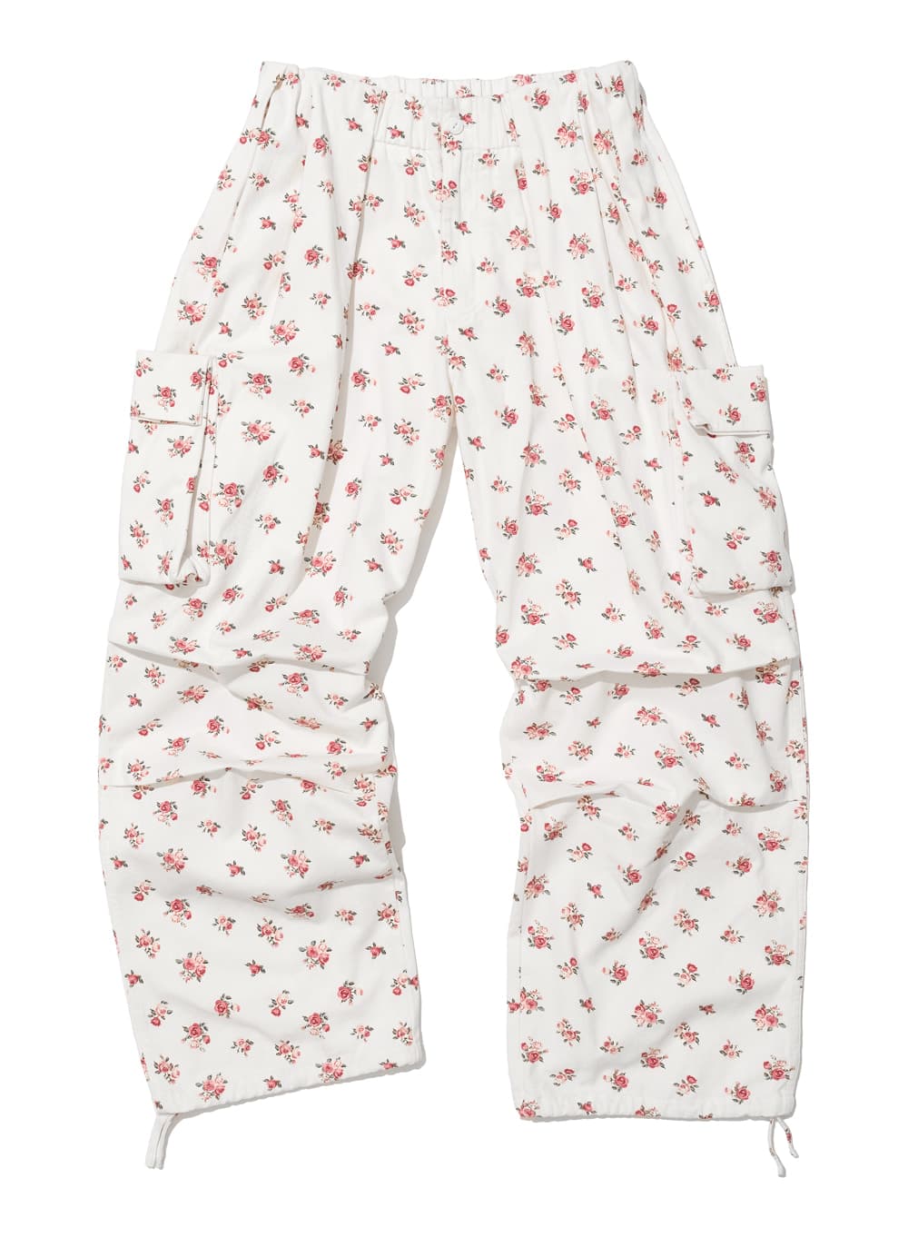 FLORAL GATHERED WAIST CARGO PANTS_WHITE