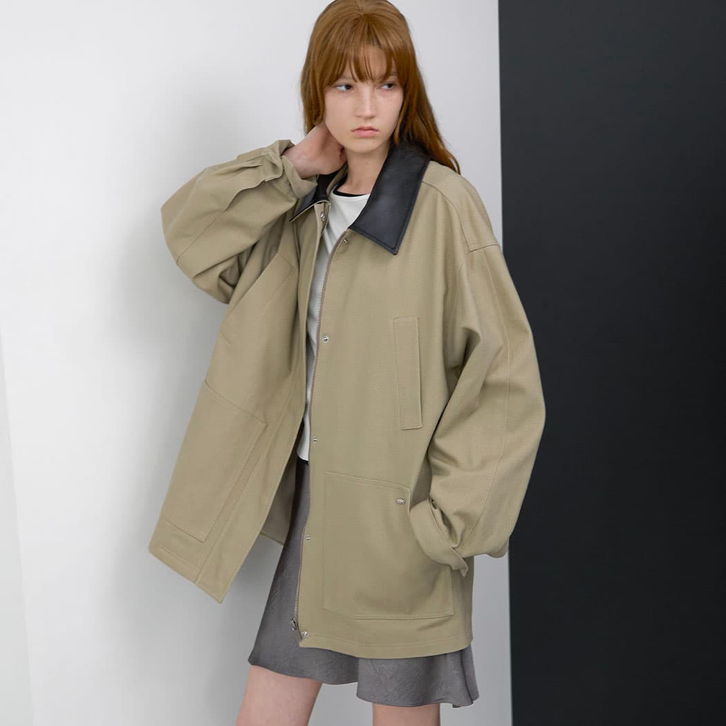 (CT-1482)LEATHER COLLAR COTTON JACKET