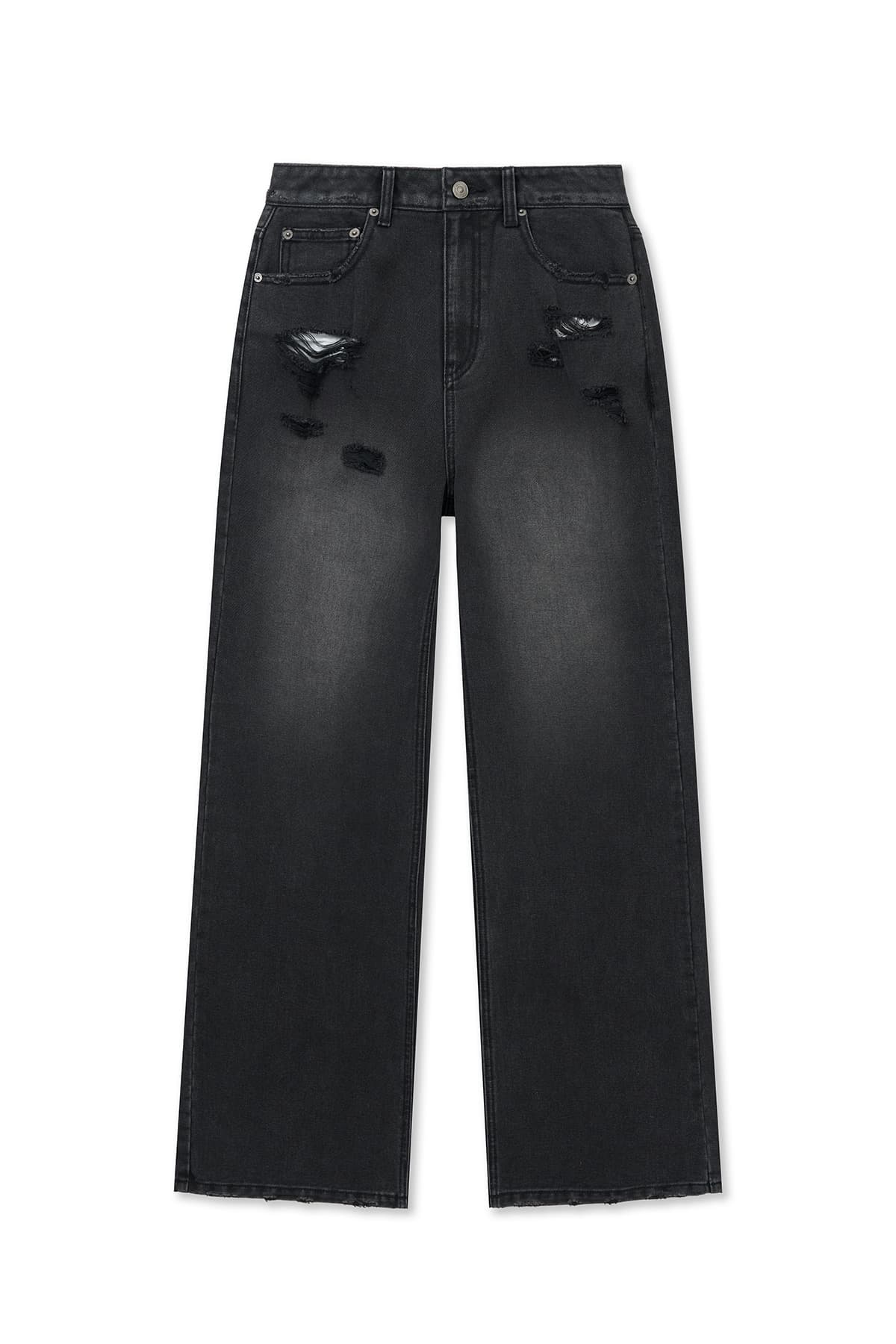 BACK POCKET PATCH DESTROYED DENIM PANTS IN BLACK