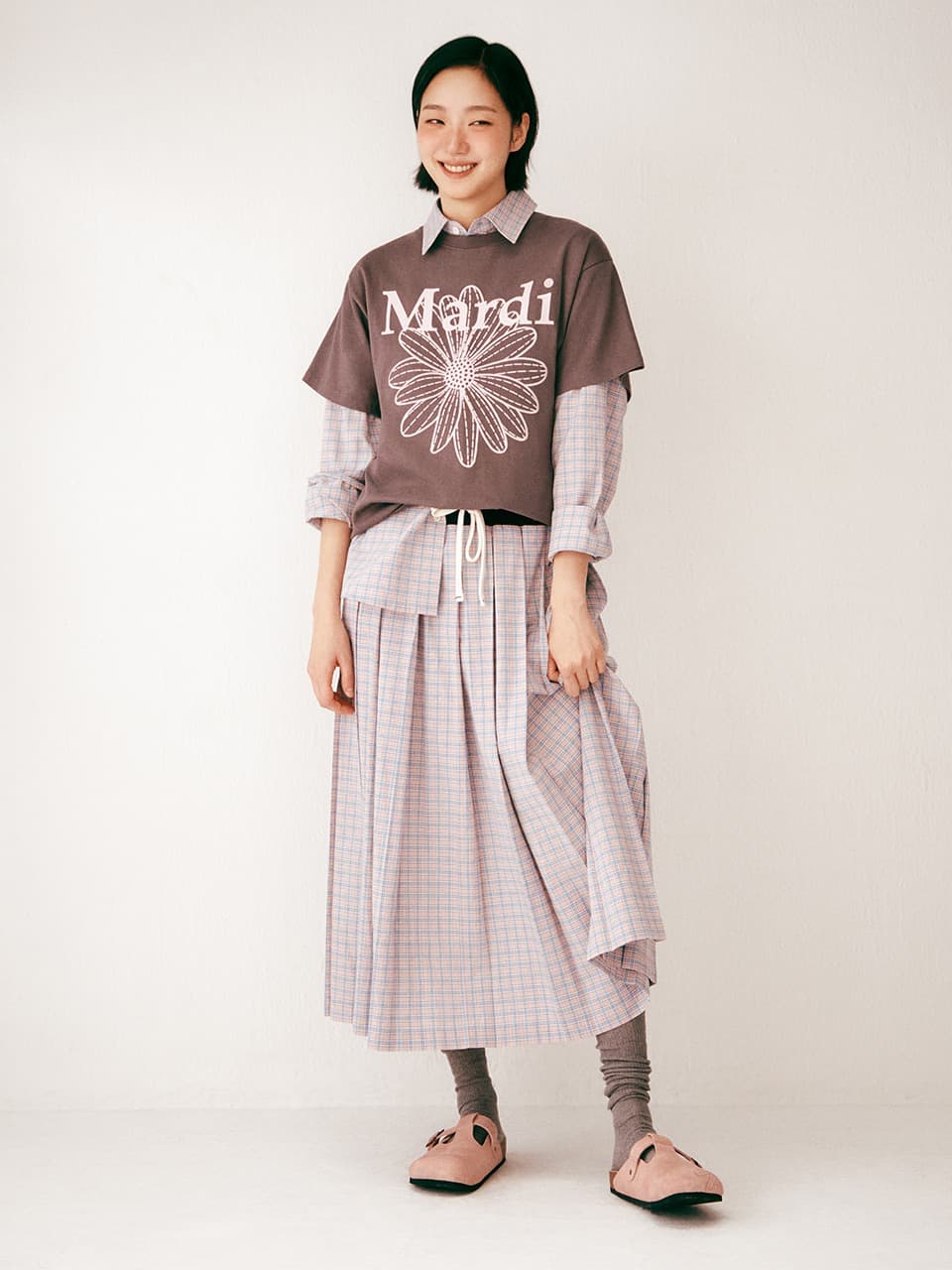 COTTON PLEATED MAXI SKIRT CHECK_PINK