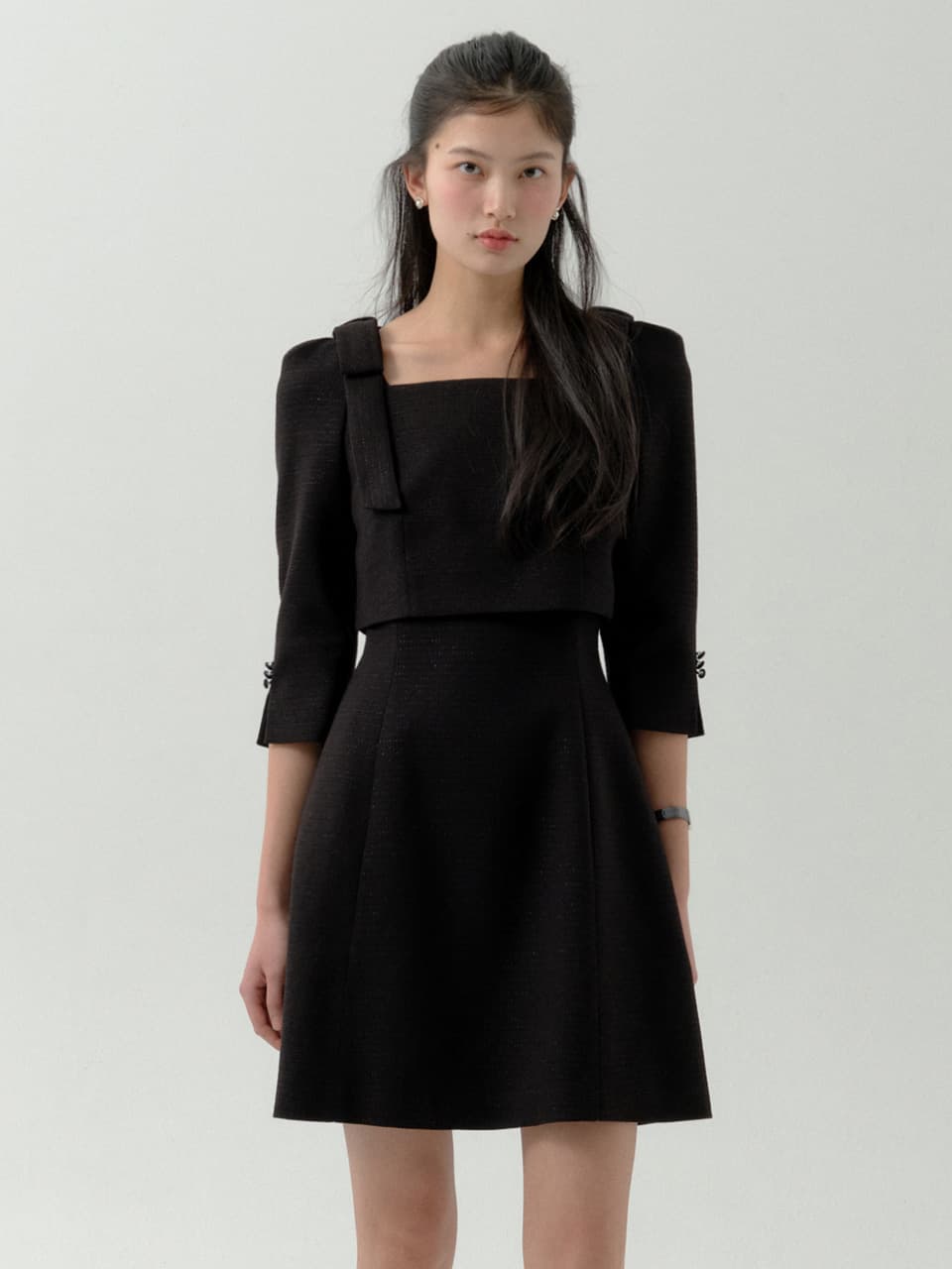Overlay Cup Cake Three-Quarter Sleeve Dress-Mini(3Color)