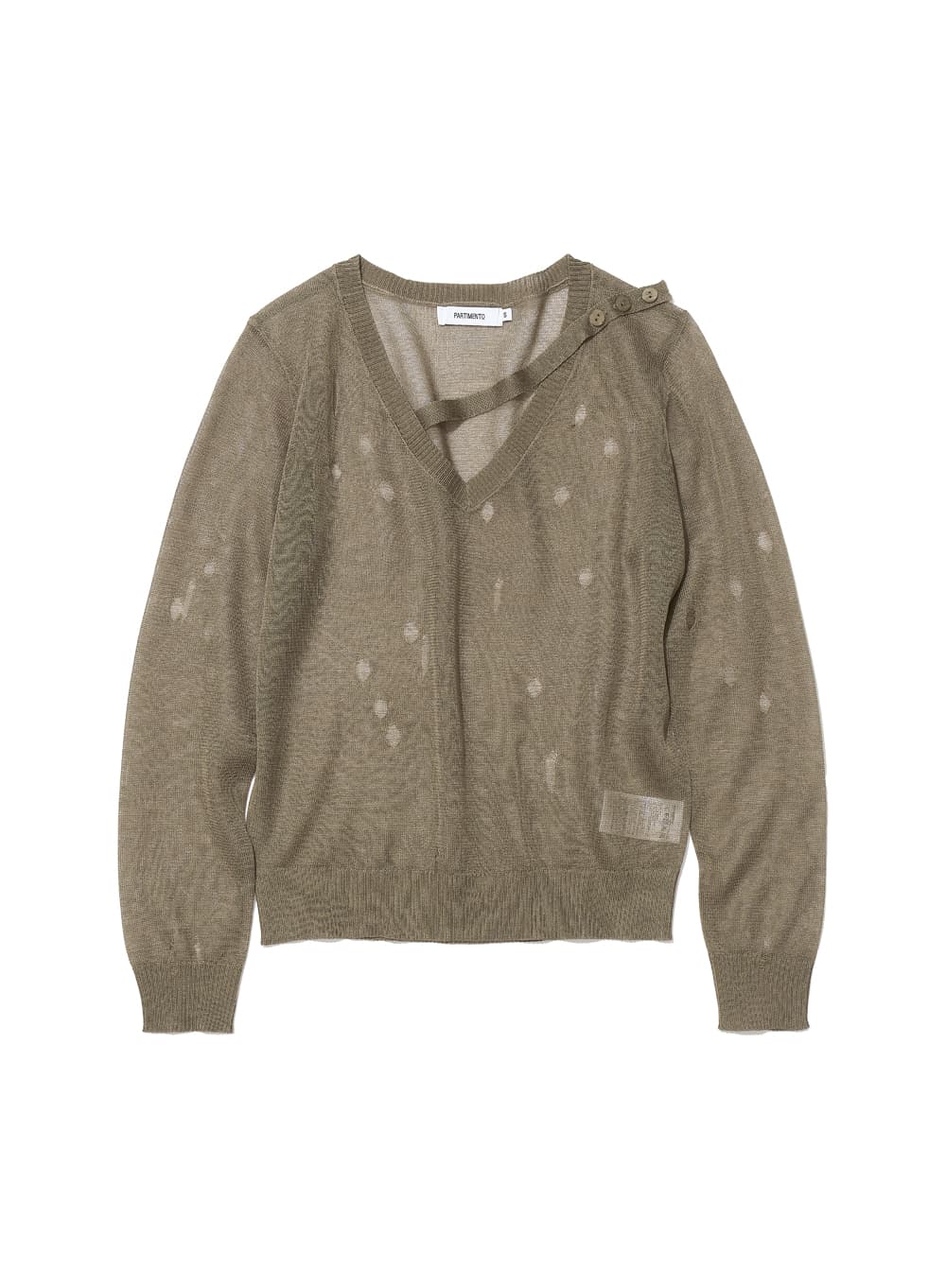 SHEER DISTRESSED V-NECK KNIT TOP_KHAKI BEIGE