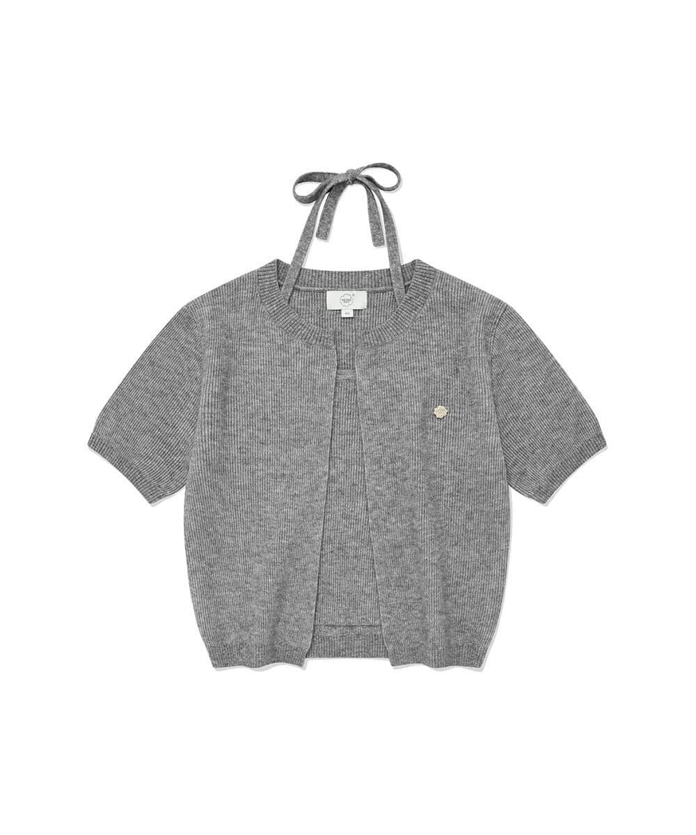 우먼 홀터넥 크롭 하프 니트 Heather Gray
