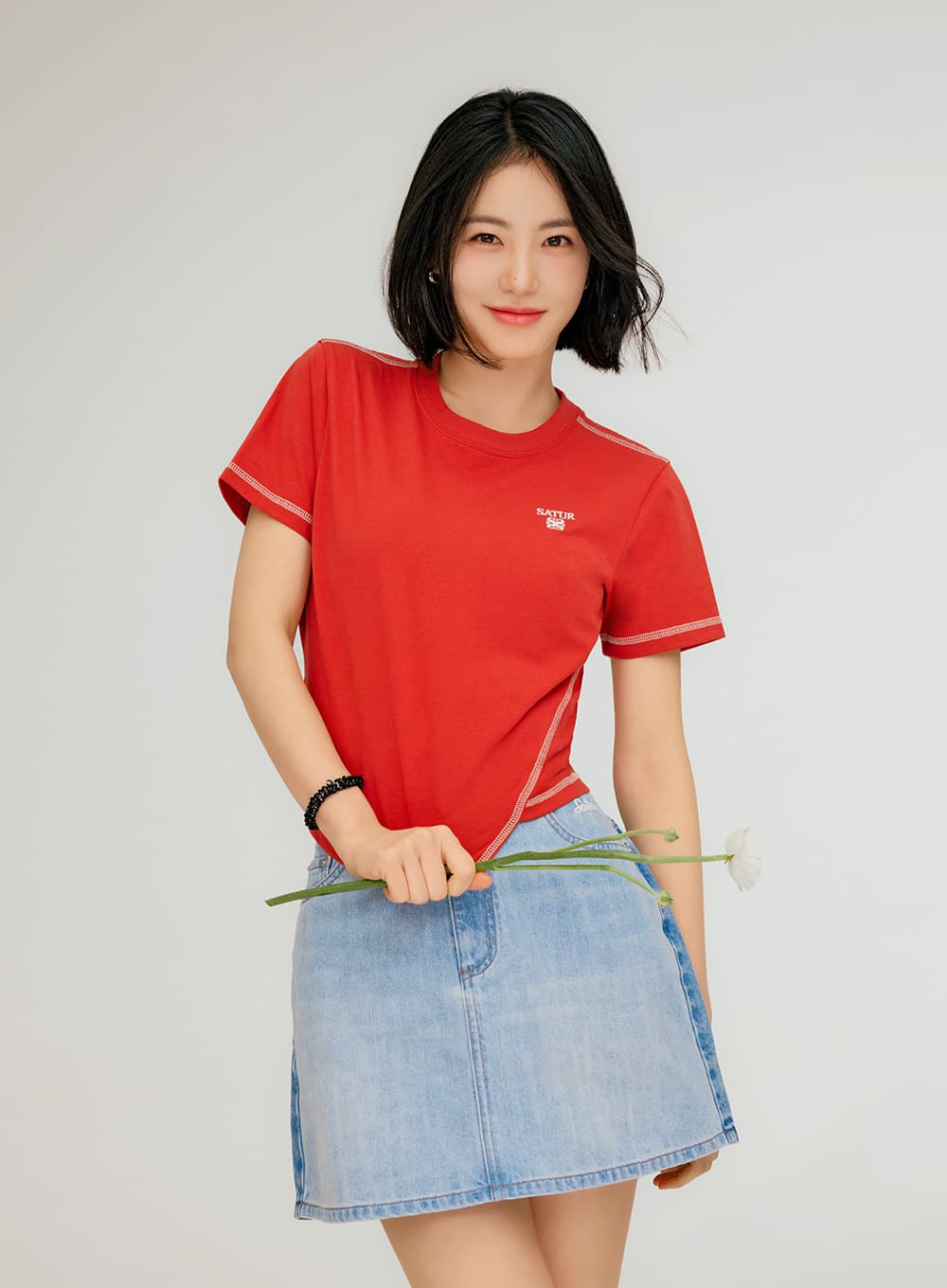 (W) Contrast Denim Mini Skirt - Light Blue
