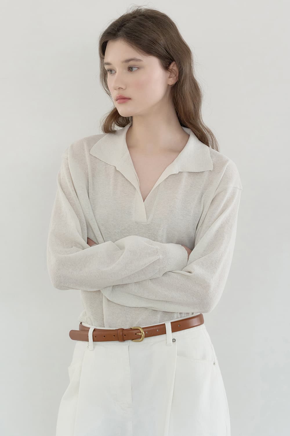 Open-collar airy linen knit S/OAT [N6PSKT03]