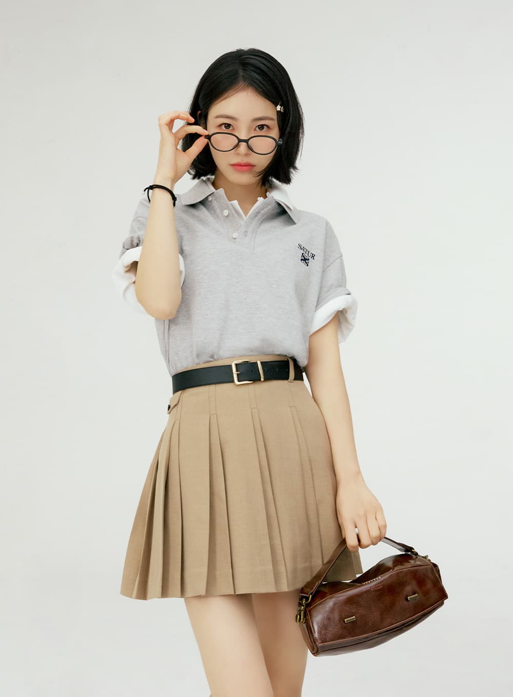 (W) Pleated Mini Skirt - Beige