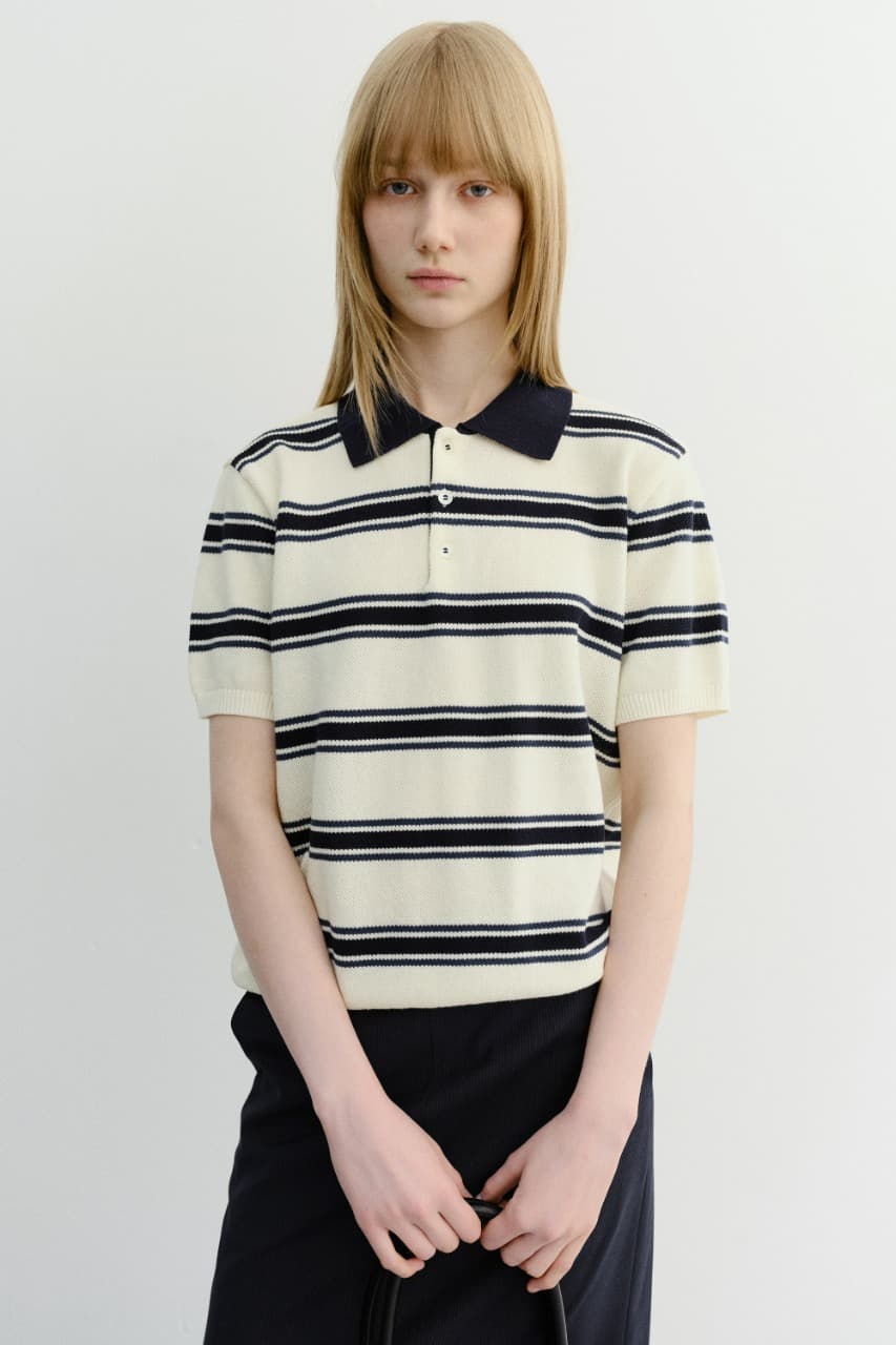 UNISEX MULTI STRIPED POLO KNIT CREAM NAVY_UDSW6B122CR