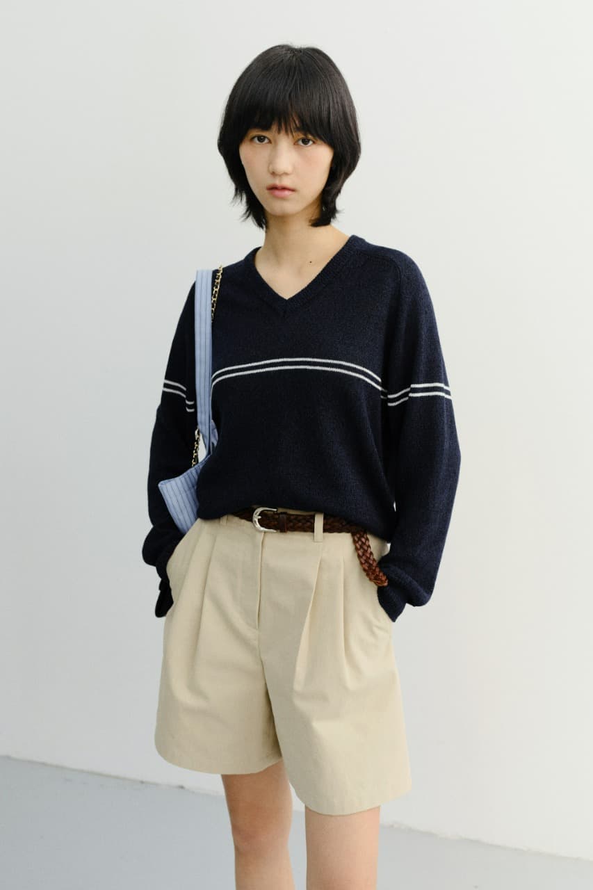 UNISEX V-NECK STRIPED SWEATER NAVY_UDSW6B124N2